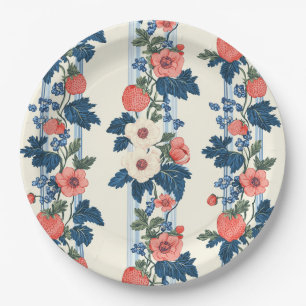 Vintage Strawberries & Blue Leaves Floral Pattern Paper Plate