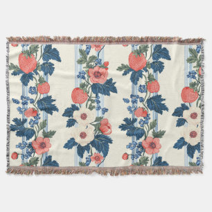 Vintage Strawberries & Blue Leaves Floral Pattern Throw Blanket