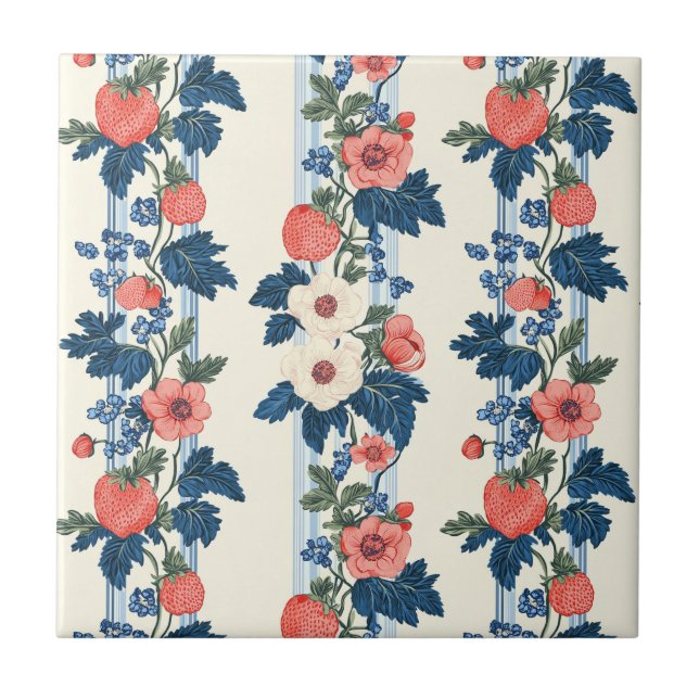 Vintage Strawberries & Blue Leaves Floral Pattern Tile (Front)