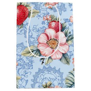 Vintage Strawberries & Flowers Pattern Medium Gift Bag