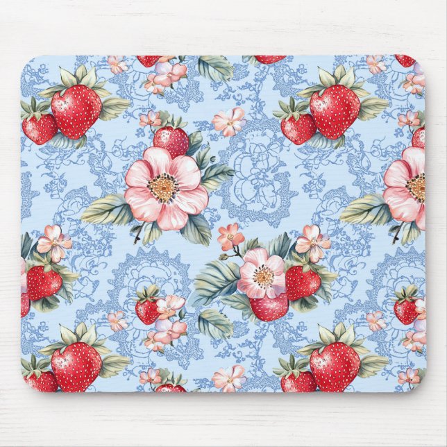 Vintage Strawberries & Flowers Pattern Mouse Pad (Front)