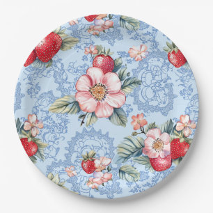 Vintage Strawberries & Flowers Pattern Paper Plate