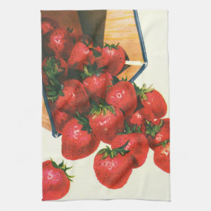 Vintage Strawberries in Basket, Food Fruit Berries Kitchen Towel