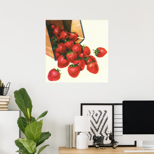 Vintage Strawberries in Basket, Food Fruit Berries Poster (Home Office)