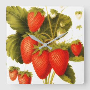 Vintage strawberries with green leaves square wall clock
