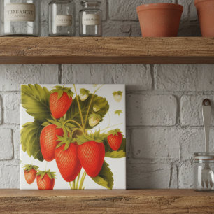 Vintage strawberries with green leaves tile