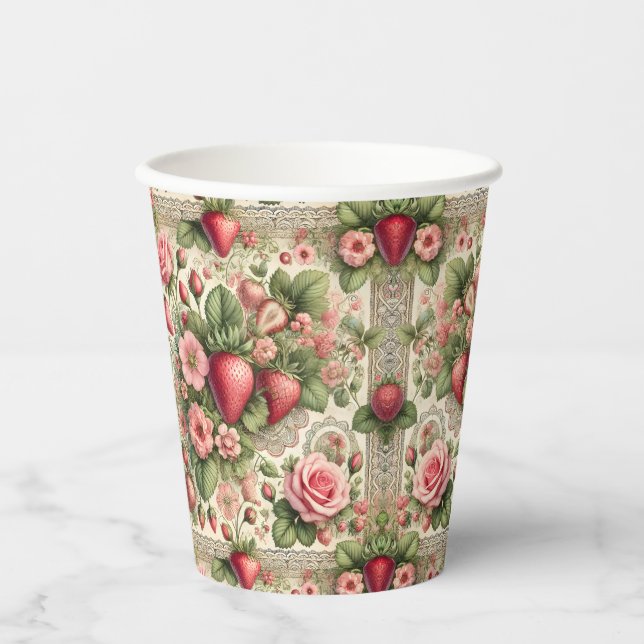 Vintage Strawberry 1st Birthday Party Paper Cups (Front)