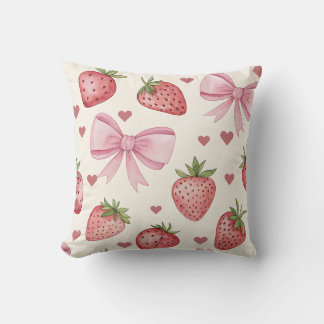 Vintage Strawberry and Pink Bows Coquette Pillow
