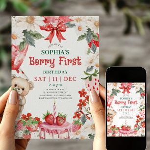 Vintage strawberry Berry First Birthday Invitation