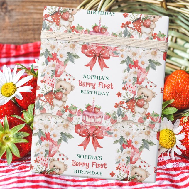 Vintage Strawberry Berry First Birthday  Wrapping Paper (Creator Uploaded)