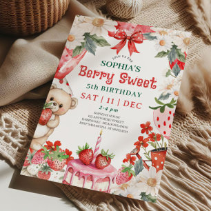 Vintage Strawberry Berry Sweet 5th Birthday Invitation