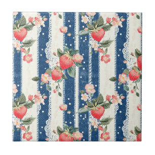 Vintage Strawberry Blue Cream Cottagecore Tile