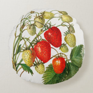 Vintage Strawberry Branch Round Pillow
