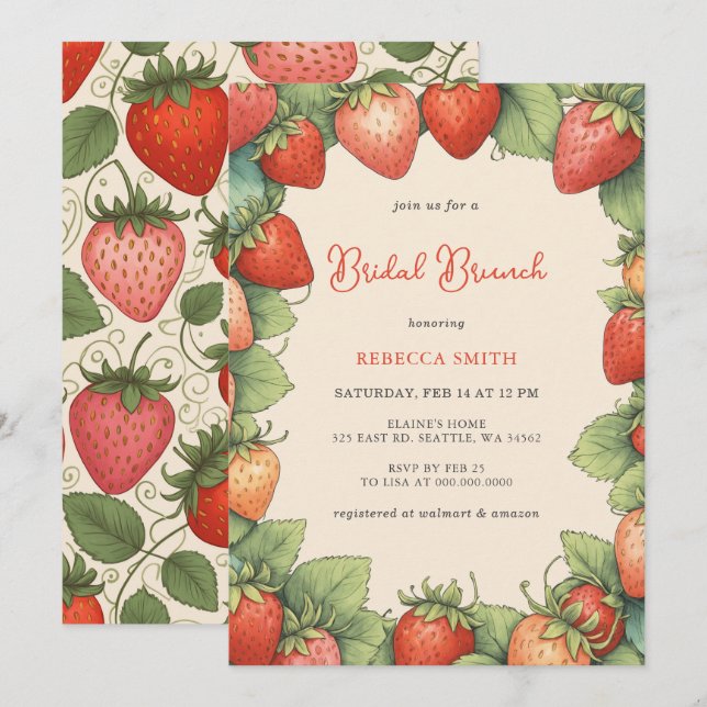 Vintage Strawberry Bridal Brunch Party  Invitation (Front/Back)