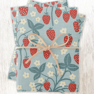 Vintage Strawberry Cottagecore Floral Botanical Wrapping Paper Sheet