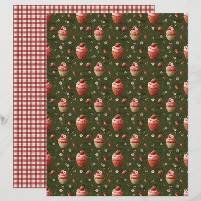 Vintage Strawberry Cupcakes Scrapbook Paper (Front/Back)