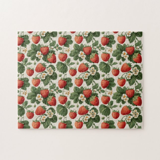 Vintage Strawberry Pattern with Blossoms Jigsaw Puzzle (Horizontal)