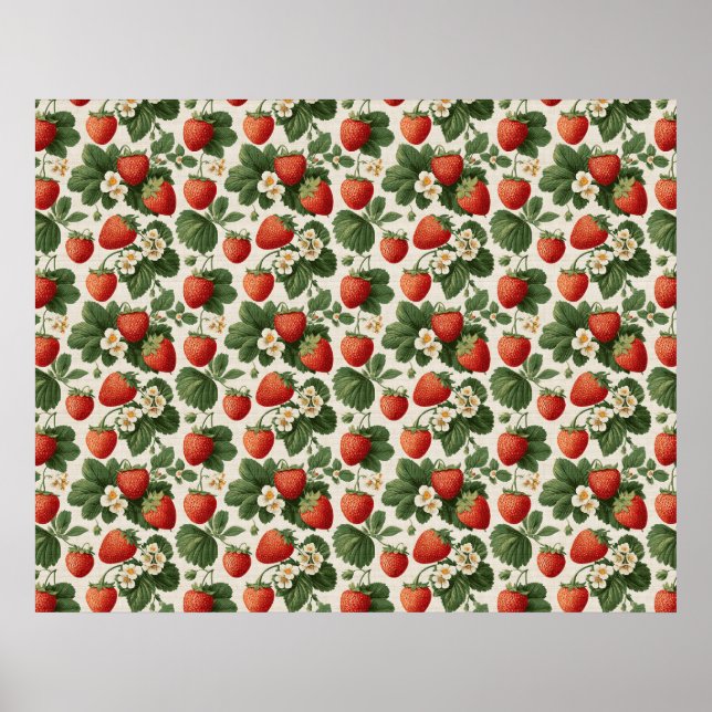 Vintage Strawberry Pattern with Blossoms Poster (Front)