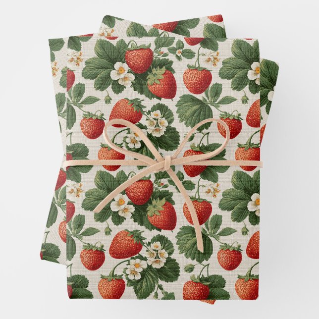 Vintage Strawberry Pattern with Blossoms Wrapping Paper Sheet (In situ)