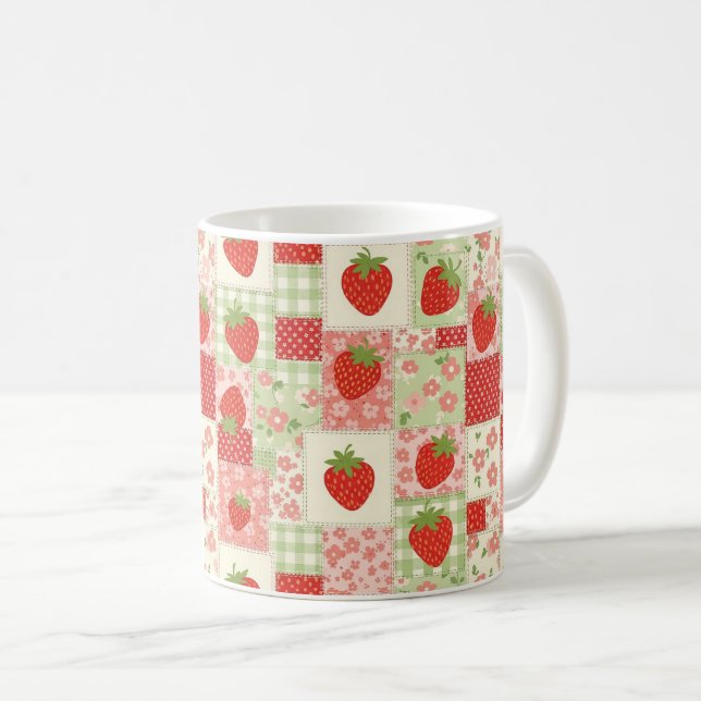 Vintage Strawberry Picnic Patchwork Pattern Coffee Mug (Front Right)