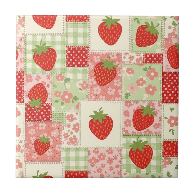 Vintage Strawberry Picnic Patchwork Pattern Tile (Front)