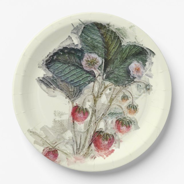 Vintage Strawberry Plant and Blossoms Paper Plate (Front)