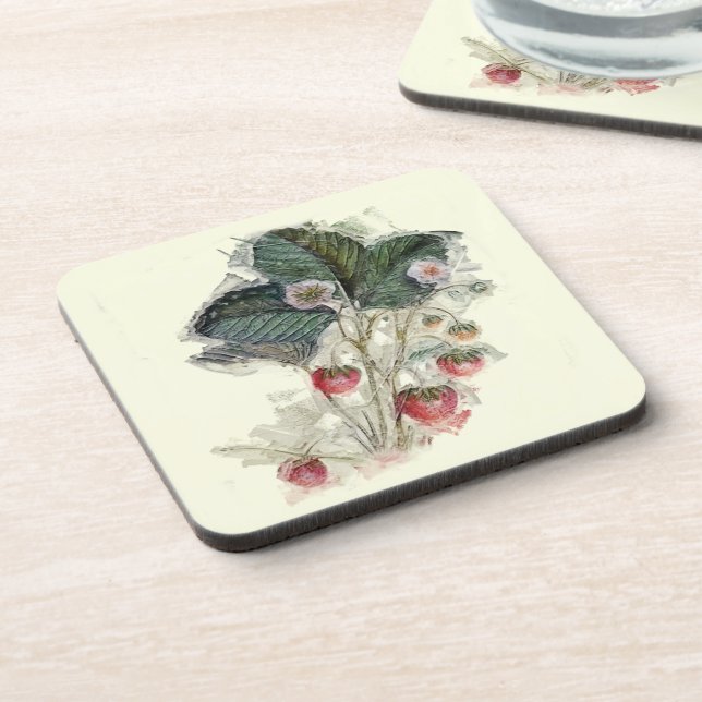 Vintage Strawberry Plant Drawing Coaster (Left Side)