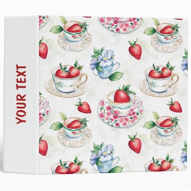 Vintage Strawberry Teacup Floral Pattern Binder (Front/Spine)
