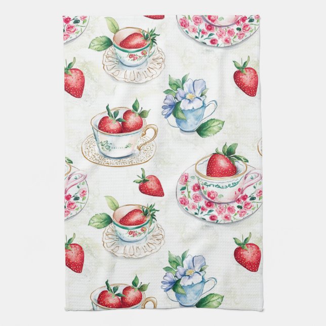 Vintage Strawberry Teacup Floral Pattern Kitchen Towel (Vertical)