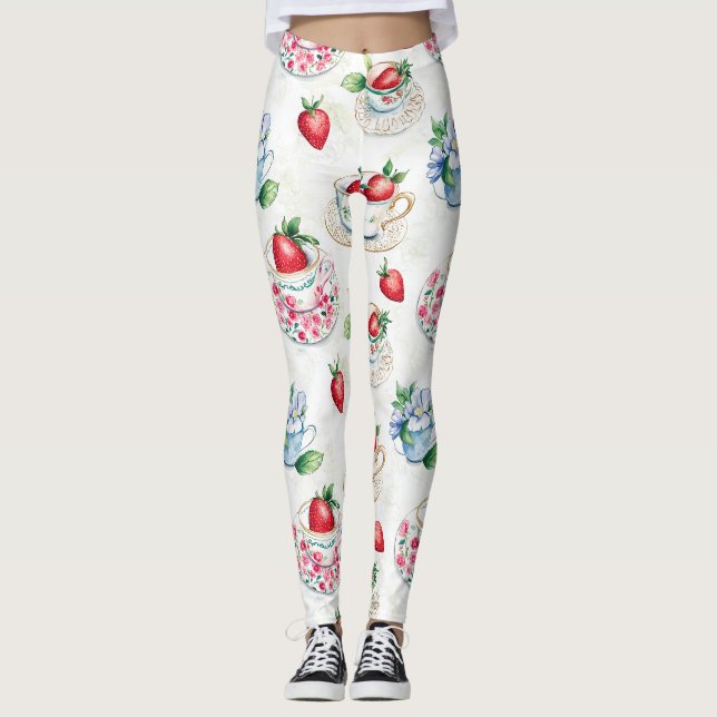 Vintage Strawberry Teacup Floral Pattern Leggings (Front)