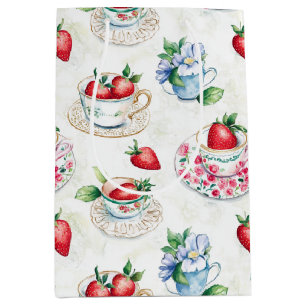 Vintage Strawberry Teacup Floral Pattern Medium Gift Bag