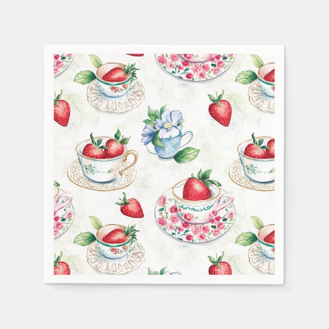 Vintage Strawberry Teacup Floral Pattern Napkin (Front)