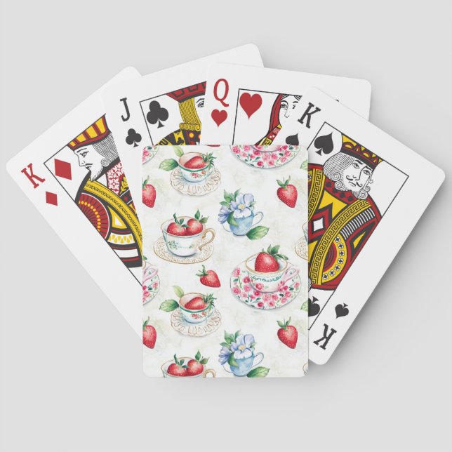Vintage Strawberry Teacup Floral Pattern Playing Cards (Back)