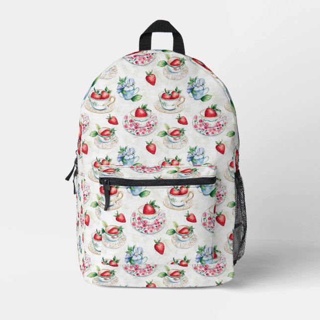 Vintage Strawberry Teacup Floral Pattern Printed Backpack (Front)