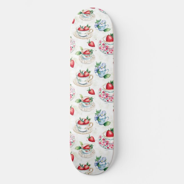 Vintage Strawberry Teacup Floral Pattern Skateboard (Front)