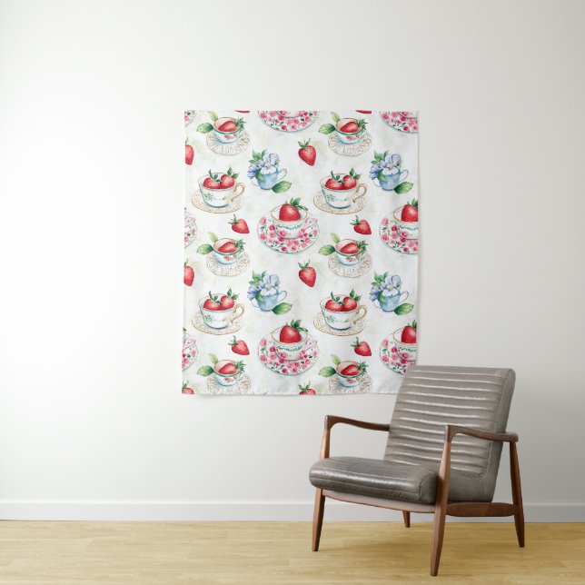 Vintage Strawberry Teacup Floral Pattern Tapestry (In Situ)