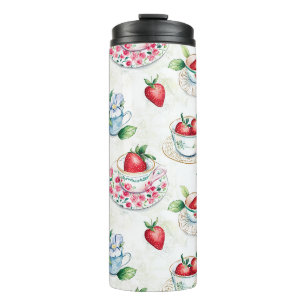 Vintage Strawberry Teacup Floral Pattern Thermal Tumbler