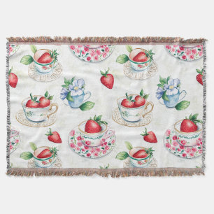 Vintage Strawberry Teacup Floral Pattern Throw Blanket