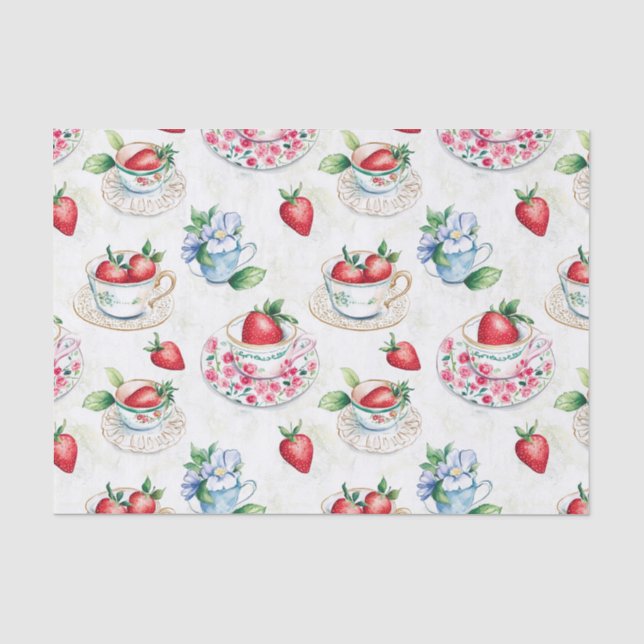 Vintage Strawberry Teacup Floral Pattern Tissue Paper (Front)