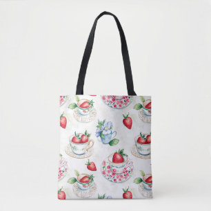 Vintage Strawberry Teacup Floral Pattern Tote Bag