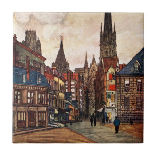 Vintage Street Scene Rouen France Medieval Tile