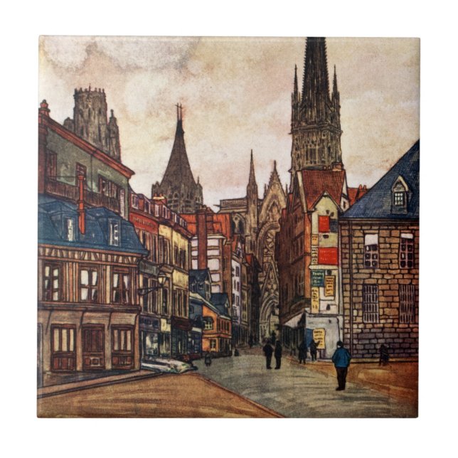 Vintage Street Scene Rouen France Medieval Tile (Front)