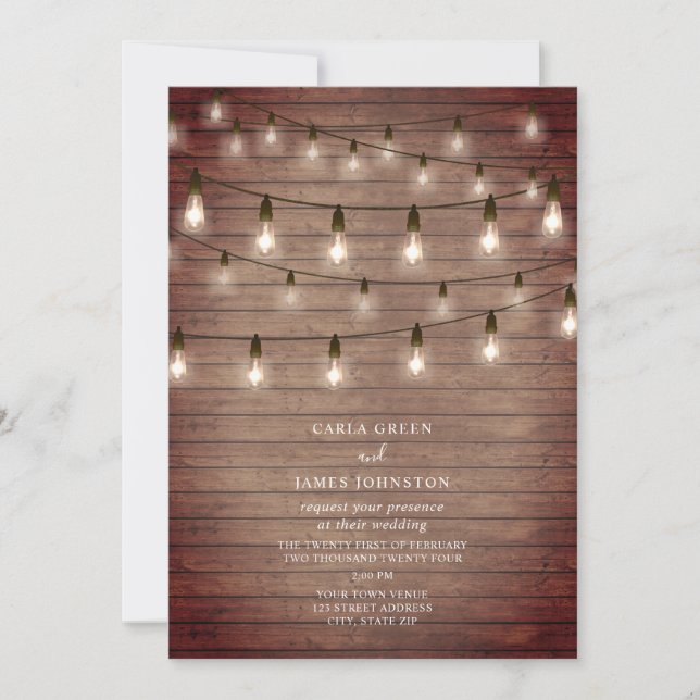 Vintage String Lightbulbs Wood Wedding Invitation (Front)