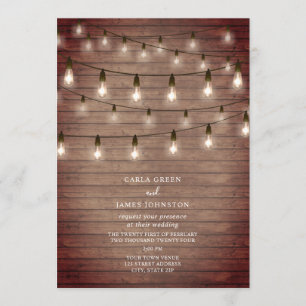 Vintage String Lightbulbs Wood Wedding Invitation