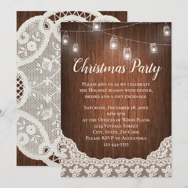 Vintage String Lights Mason Jar Christmas Party Invitation (Front/Back)