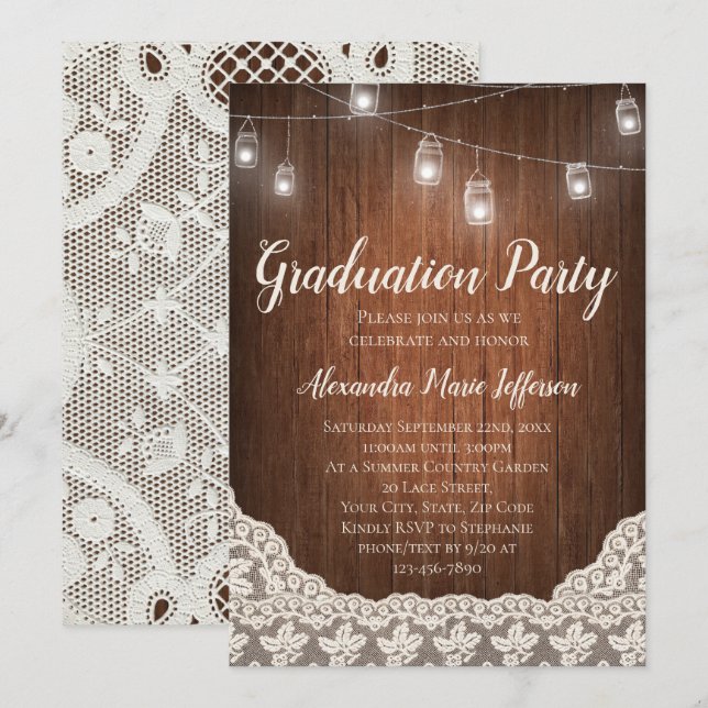 Vintage String Lights Mason Jar Graduation Party Invitation (Front/Back)