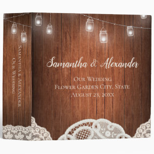 Vintage String Lights Mason Jar Lace Wood Wedding Binder