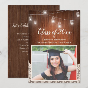 Vintage String Lights Mason Jar Photo Graduation Invitation