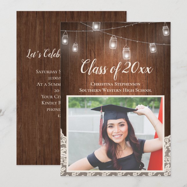 Vintage String Lights Mason Jar Photo Graduation Invitation (Front/Back)
