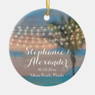 Vintage String Lights Sunset Beach Wedding Ceramic Ornament